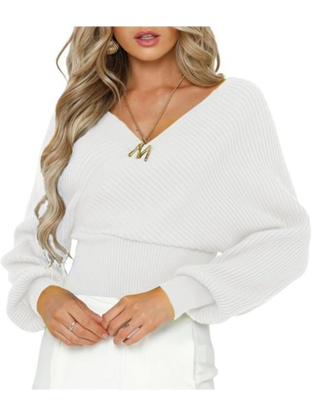 Chic V-Neck Cropped Wrap Sweater with Drop Shoulder & Lantern Sleeves - Perfect